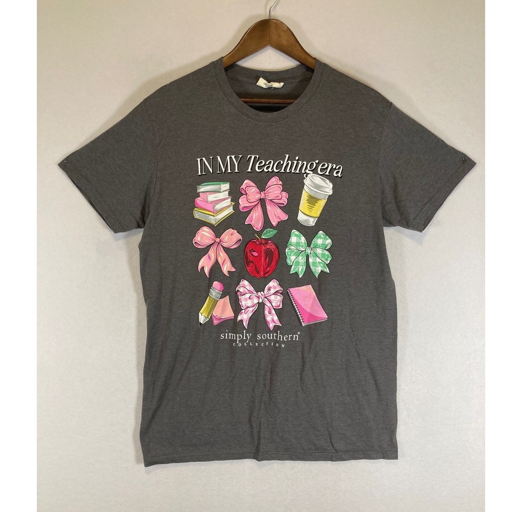 In My Teaching Era Simply Southern Women Large Gray Bow Graphic T-Shirt Tee